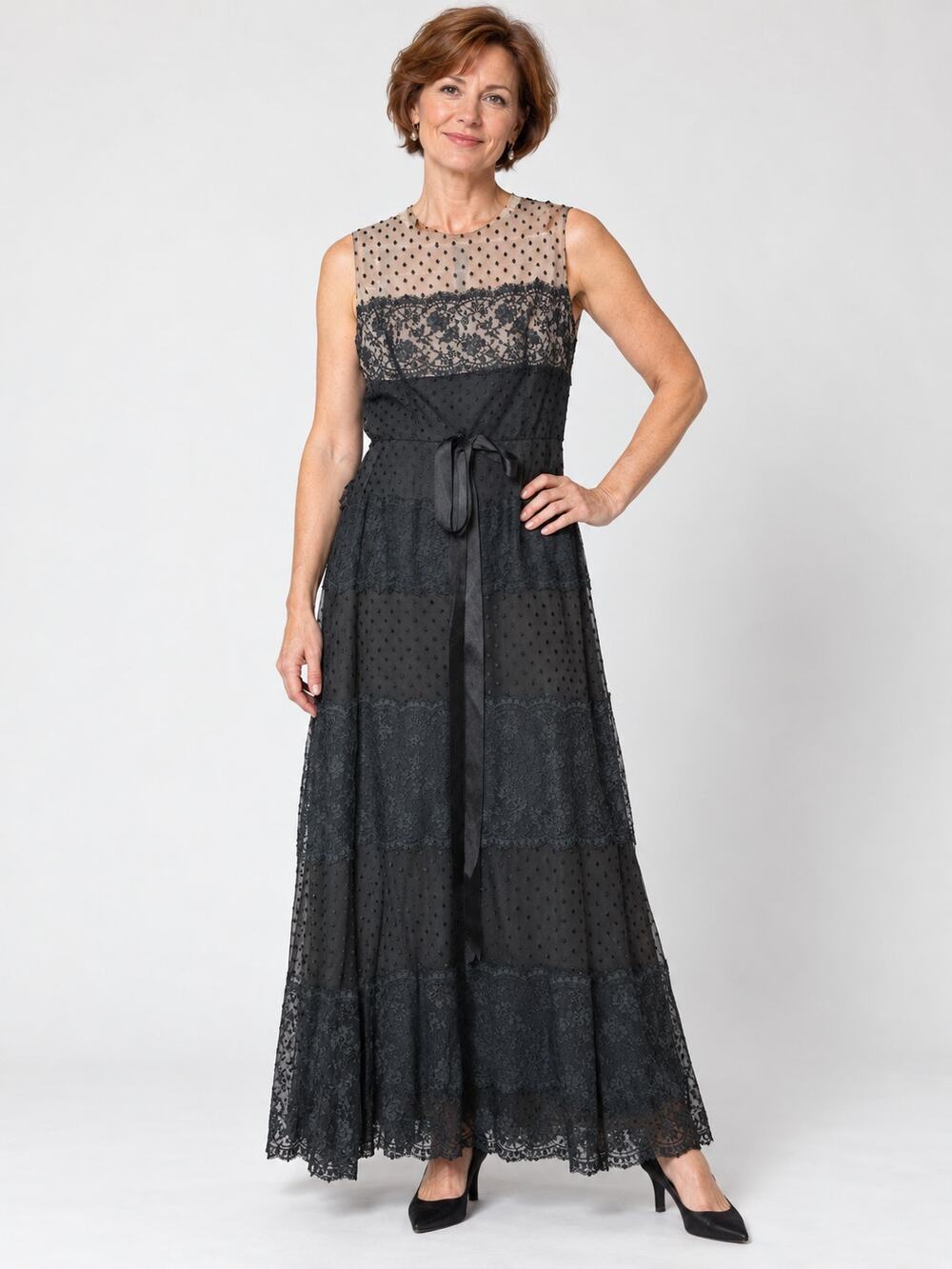 Vintage 1970s Bill Blass Black Lace Swiss Dot Maxi Dress Women’s L 40 Bust